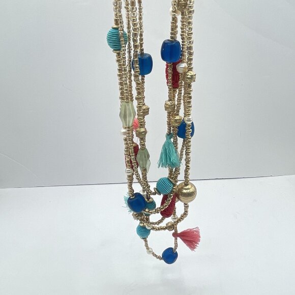 Chico's Colorful Multi-Strand Beaded Necklace With Tassels & Adjustable Gold Cha - Picture 5 of 6